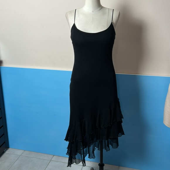 VTG Betsey Johnson Black Asymmetrical Ruffled Dotted Lace Dress layered ruffle - Picture 14 of 15